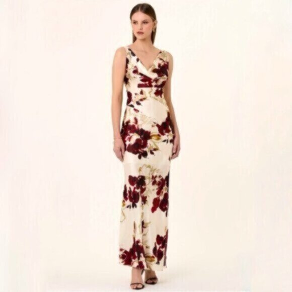 NWT NICHOLAS Sally Watercolor Floral Ivory Cowl Neck Side Slit Maxi Dress - Picture 1 of 17